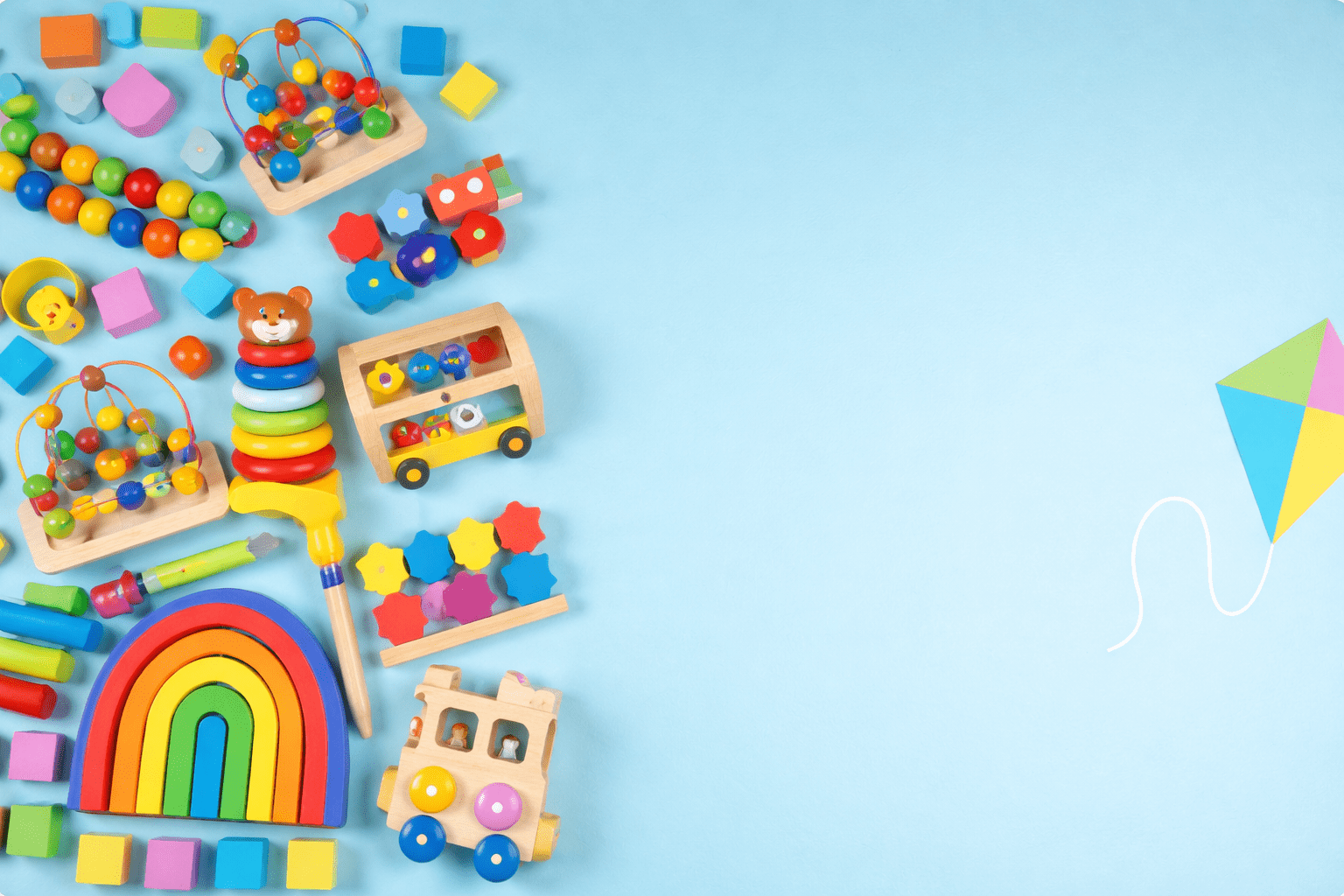 Colorful wooden toy assortment